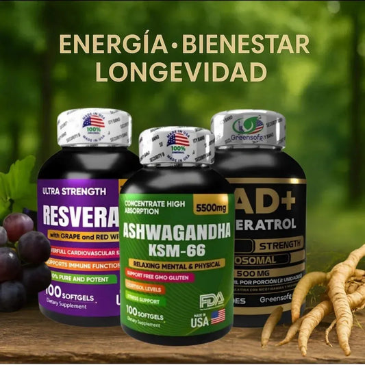 Combo Ashwagandha + Resveratrol + NAD Americanos - Potencia tu vida